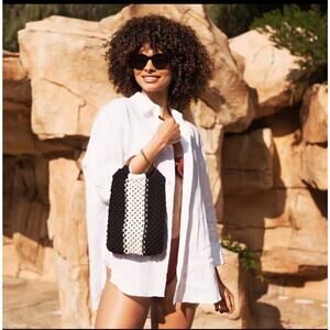 Boutique Deisgner Macrame Handbag Black Cream Stripe Wood  Laude the Label Gabby